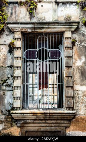 Brise vitraux fenêtre formé une croix avec grille métallique et de la mousse dans la façade dans un mausolée de cimetière Banque D'Images