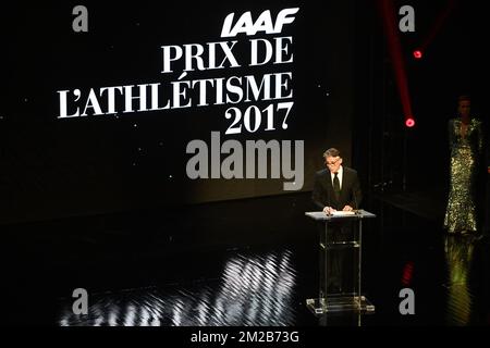 Sebastian COE, président de l'IAAF, photographié lors de la cérémonie du Prix Athlétisme de l'IAAF à Monte Carlo, Monaco, le vendredi 24 novembre 2017. BELGA PHOTO YORICK JANSENS Banque D'Images