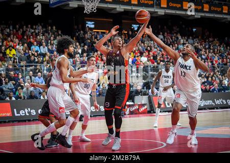 Belgium's Khalid Boukichou and France's Boris Diaw fight for the ball during the first qualification basketball game for world cup 2019, between Belgium's Belgian Lions and France national team in the group E, Friday 24 November 2017 in Merksem, Antwerp. BELGA PHOTO LUC CLAESSEN Stock Photo