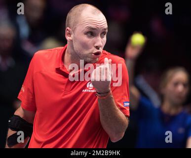 Le Belge Steve Darcis réagit lors d'un match de tennis entre le Belge Steve Darcis et le Français Lucas Pouille, cinquième et dernier match de la finale du Groupe mondial de la coupe Davis entre la France et la Belgique, dimanche 26 novembre 2017, à Villeneuve-d'Ascq. La France remporte la finale du Groupe mondial de la coupe Davis. BELGA PHOTO BENOIT DOPPAGNE Banque D'Images