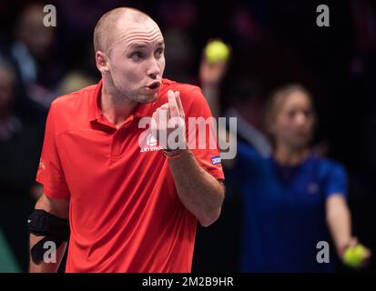 Le Belge Steve Darcis réagit lors d'un match de tennis entre le Belge Steve Darcis et le Français Lucas Pouille, cinquième et dernier match de la finale du Groupe mondial de la coupe Davis entre la France et la Belgique, dimanche 26 novembre 2017, à Villeneuve-d'Ascq. La France remporte la finale du Groupe mondial de la coupe Davis. BELGA PHOTO BENOIT DOPPAGNE Banque D'Images