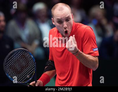 Le Belge Steve Darcis réagit lors d'un match de tennis entre le Belge Steve Darcis et le Français Lucas Pouille, cinquième et dernier match de la finale du Groupe mondial de la coupe Davis entre la France et la Belgique, dimanche 26 novembre 2017, à Villeneuve-d'Ascq. La France remporte la finale du Groupe mondial de la coupe Davis. BELGA PHOTO BENOIT DOPPAGNE Banque D'Images