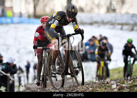 Dutch Fleur Nagengast photographié en action pendant la course féminine à la course cycliste 'Vlaamse Druivencross cyclocross Overijse', à Overijse, dimanche 10 décembre 2017. BELGA PHOTO DAVID STOCKMAN Banque D'Images