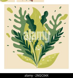 Végétation exotique, feuilles et fleurs en été ou au printemps Illustration de Vecteur