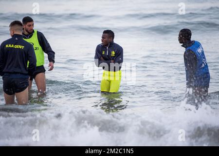 Gent's Nicolas Raskin, Gent's Samuel Gigot, Gent's Moses Simon and Gent's Nana Asare pictured during day three of the winter training camp of Belgian first division soccer team KAA Gent, in Oliva, Spain, Sunday 07 January 2018. BELGA PHOTO JASPER JACOBS Stock Photo