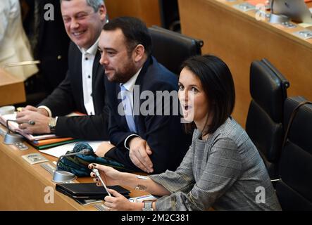 Chef du groupe du CDH Dimitri Fourny, PS Patrick Prevot et Veronique Salvi du CDH photographiés lors d'une session plénière du Parlement wallon à Namur, le mercredi 10 janvier 2018. BELGA PHOTO ERIC LALMAND Banque D'Images