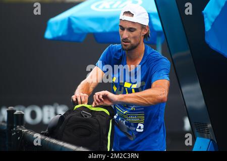 Belge Ruben Bemelmans photographié lors d'une séance d'entraînement en prévision de l'Open d'Australie Grand Chelem, jeudi 11 janvier 2018 à Melbourne Park, Melbourne, Australie. Cette première grande slam de la saison a lieu du 15 au 28 janvier. BELGA PHOTO PATRICK HAMILTON Banque D'Images