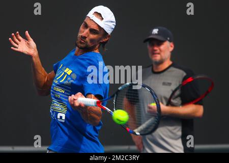 Belge Ruben Bemelmans photographié lors d'une séance d'entraînement en prévision de l'Open d'Australie Grand Chelem, jeudi 11 janvier 2018 à Melbourne Park, Melbourne, Australie. Cette première grande slam de la saison a lieu du 15 au 28 janvier. BELGA PHOTO PATRICK HAMILTON Banque D'Images