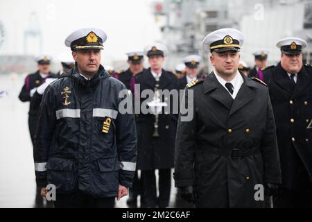 Cérémonie de passation de commandement de la flotte permanente du Groupe des contre-mesures de la mine 1 (SNMCMG1) de l'OTAN, le lundi 15 janvier 2018 à Zeebrugge. BELGA PHOTO KURT DESPLENTER Banque D'Images