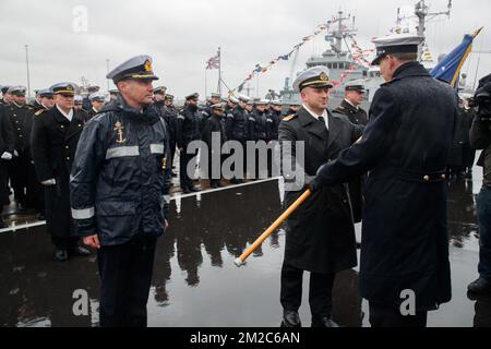 Cérémonie de passation de commandement de la flotte permanente du Groupe des contre-mesures de la mine 1 (SNMCMG1) de l'OTAN, le lundi 15 janvier 2018 à Zeebrugge. BELGA PHOTO KURT DESPLENTER Banque D'Images