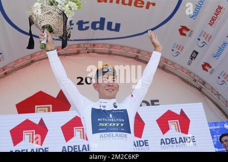 Australian Caleb Ewan of Orica Scott celebrates on the podium after stage 1 of the Tour Down Under cycling race, 145 km from Adelaide to Lyndoch,, Tuesday 16 January 2018 in Australia. This years edition of the race is taking place from January 16th to January 21st. BELGA PHOTO YUZURU SUNADA  Banque D'Images