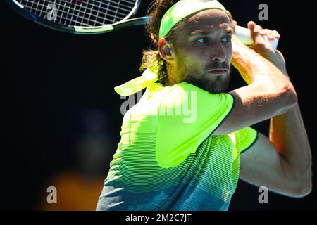 Le Belge Ruben Bemelmans joue pour perdre un match de tennis entre le géorgien Nikoloz Basilashvili (ATP 61) et le belge Ruben Bemelmans (ATP 117), lors du deuxième tour du tournoi de singles masculin au Grand Chelem de tennis « Australian Open », le mercredi 17 janvier 2018 à Melbourne Park, Melbourne, Australie. Cette première grande slam de la saison aura lieu du 15 au 28 janvier. BELGA PHOTO PATRICK HAMILTON Banque D'Images