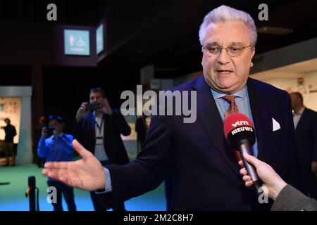 Prince Laurent of Belgium talks to the press during the official opening of the '#wearemobility in' palace at the 96th edition of the Brussels Motor Show, at Brussels Expo, on Thursday 18 January 2018, in Brussels. BELGA PHOTO DIRK WAEM Stock Photo