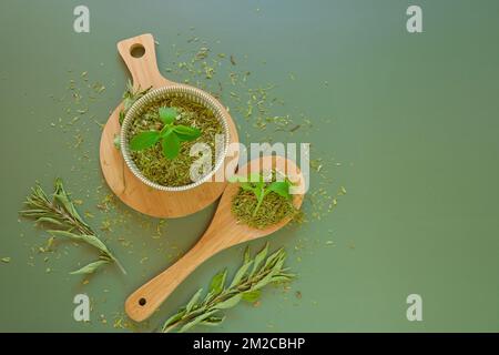 Dried stevia in a round cup and a wooden spoon.Sugar substituteStevia plant.Alternative Low Calorie Vegetable Sweetener. Natural sweetener. Stock Photo