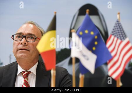 Christian Boas, Directeur général de l'ASCO, a pris la photo lors d'une réunion pour confirmer la collaboration à long terme entre ASCO Industries et Lockheed Martin, et la présentation d'un simulateur de vol F-35, à Zaventem, le jeudi 25 janvier 2018. BELGA PHOTO LAURIE DIEFFEMBACQ Banque D'Images