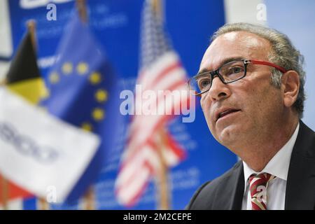 Christian Boas, Directeur général de l'ASCO, a pris la photo lors d'une réunion pour confirmer la collaboration à long terme entre ASCO Industries et Lockheed Martin, et la présentation d'un simulateur de vol F-35, à Zaventem, le jeudi 25 janvier 2018. BELGA PHOTO LAURIE DIEFFEMBACQ Banque D'Images