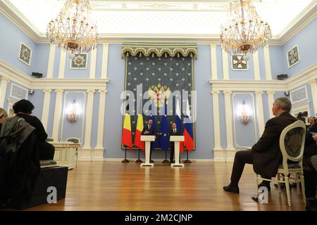 Illustration lors d'une conférence de presse le deuxième jour d'une visite à Moscou, Russie, mardi 30 janvier 2018. Le Premier ministre belge est en visite de trois jours en Russie. BELGA PHOTO BENOIT DOPPAGNE Banque D'Images