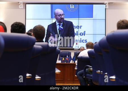 Le Premier ministre belge Charles Michel prononce un discours le troisième jour d'une visite à Moscou, en Russie, le mercredi 31 janvier 2018. Le Premier ministre belge est en visite de trois jours en Russie. BELGA PHOTO BENOIT DOPPAGNE Banque D'Images