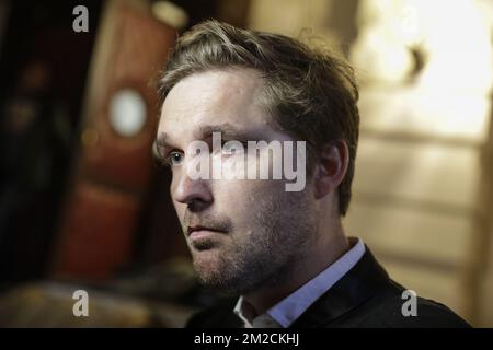 L'avocat Diitri de Beco photographié lors de la première session dans l'affaire '2013 Brussels Airport Diamond Heist' au tribunal pénal de Bruxelles, le mercredi 31 janvier 2018, où seize hommes et trois femmes sont accusés. Le 18 février 2013, une clôture de l'aéroport de Zaventem a été ouverte et un avion de Swiss Air transportant des diamants pour la société Brink's a été volé. Au total, 121 colis ont été volés pour une valeur totale d'environ 37 millions d'euros. BELGA PHOTO THIERRY ROGE Banque D'Images