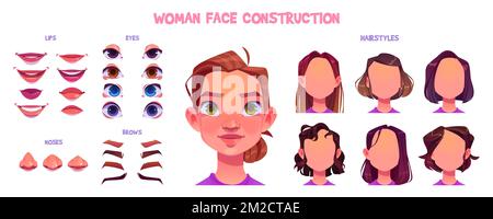 Ensemble de construction pour femme. Générateur d'avatar avec différentes coiffures femelles, yeux bleus, bruns et verts, nez, sourcils et lèvres diverses formes, ensemble de dessins animés vectoriels isolé sur fond blanc Illustration de Vecteur