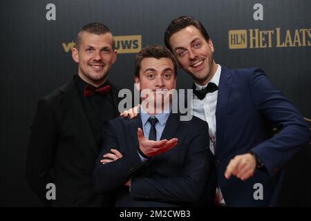 Davino Verhulst, gardien de but de Lokeren, Niels Destadsbader et Guga Baul, acteur et chanteur, photographiés sur le tapis rouge à l'arrivée pour l'édition 64th de la cérémonie de remise des prix "Golden Shoe", mercredi 07 février 2018, à Bruxelles. La Golden Shoe (Gouden Schoen / Soulier d'Or) est un prix pour le meilleur joueur de football du championnat belge Jupiler Pro League pendant l'année 2017. BELGA PHOTO VIRGINIE LEFOUR Banque D'Images