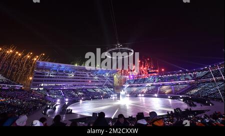 Illustration prise lors de la cérémonie d'ouverture des XXIII Jeux Olympiques d'hiver, vendredi 09 février 2018, à Pyeongchang, Corée du Sud. Les Jeux Olympiques d'hiver se tiendront du 9 au 25 février dans le comté de Pyeongchang, en Corée du Sud. BELGA PHOTO DIRK WAEM Banque D'Images