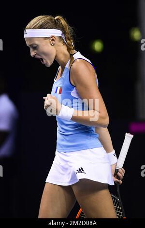 Française Kristina Mladenovic célèbre lors d'un match de tennis entre française Kristina Mladenovic (WTA 13) et belge Kirsten Flipkens (WTA 47), le deuxième caoutchouc de la coupe de la Fed de ce week-end, réunion du Groupe mondial Round 1 entre la France et la Belgique, à la Roche-sur-Yon, France, le samedi 10 février 2018. BELGA PHOTO LAURIE DIEFFEMBACQ Banque D'Images