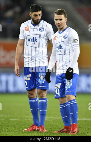 Samuel Gigot de Gand et Nicolas Raskin de Gand photographiés lors du match de la Jupiler Pro League entre KAA Gent et STVV Sint-Truiden, à Gand, le samedi 10 février 2018, le 26 jour de la Jupiler Pro League, la saison belge du championnat de football 2017-2018. BELGA PHOTO YORICK JANSENS Banque D'Images