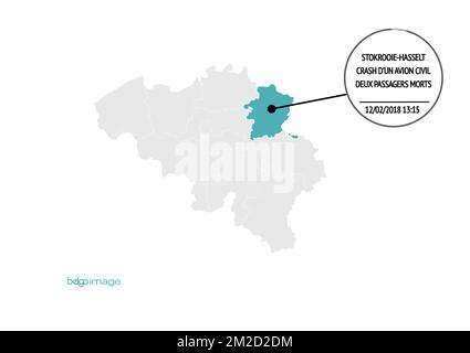 Infographie en français sur l'écrasement d'un avion de sport léger à Stokrooie, Hasselt, lundi 12 février 2018. Selon les premières informations que l'avion a recueillies sur une ligne électrique aérienne, deux personnes sont mortes dans l'accident. BELGA PHOTO MORGAN DUBUISSON Banque D'Images