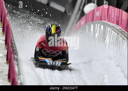 Kim Meylemans, athlète belge de skeleton, photographié lors de l'événement féminin de skeleton individuel aux XXIII Jeux Olympiques d'hiver, samedi 17 février 2018, à Pyeongchang, Corée du Sud. Les Jeux Olympiques d'hiver se tiendront du 9 au 25 février dans le comté de Pyeongchang, en Corée du Sud. BELGA PHOTO DIRK WAEM Banque D'Images
