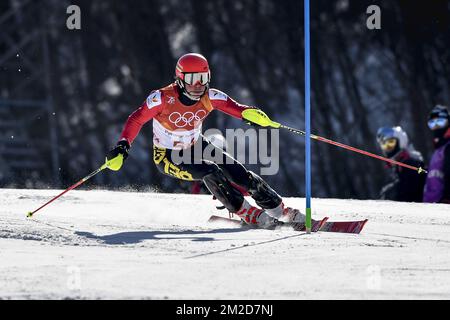 Sam Maes, skieur belge, photographié lors de l'événement masculin de ski alpin slalom aux XXIII Jeux Olympiques d'hiver, jeudi 22 février 2018, à Pyeongchang, Corée du Sud. Les Jeux Olympiques d'hiver se tiendront du 9 au 25 février dans le comté de Pyeongchang, en Corée du Sud. BELGA PHOTO DIRK WAEM Banque D'Images