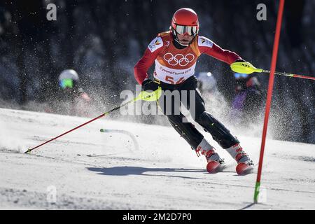 Sam Maes, skieur belge, photographié lors de l'événement masculin de ski alpin slalom aux XXIII Jeux Olympiques d'hiver, jeudi 22 février 2018, à Pyeongchang, Corée du Sud. Les Jeux Olympiques d'hiver se tiendront du 9 au 25 février dans le comté de Pyeongchang, en Corée du Sud. BELGA PHOTO DIRK WAEM Banque D'Images