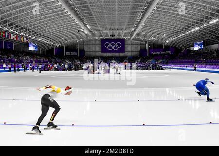 Patineuse de vitesse belge Mathias Voste photographiée lors de la finale de l'épreuve de patinage de vitesse masculine 1000m aux XXIII Jeux Olympiques d'hiver, le vendredi 23 février 2018, à Pyeongchang, Corée du Sud. Les Jeux Olympiques d'hiver se tiendront du 9 au 25 février dans le comté de Pyeongchang, en Corée du Sud. BELGA PHOTO DIRK WAEM Banque D'Images