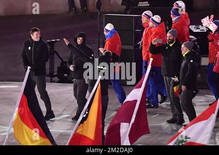 Les athlètes belges photographiés lors de la cérémonie de clôture le dernier jour des XXIII Jeux Olympiques d'hiver, dimanche 25 février 2018, à Pyeongchang, Corée du Sud. Les Jeux Olympiques d'hiver se tiendront du 9 au 25 février dans le comté de Pyeongchang, en Corée du Sud. BELGA PHOTO DIRK WAEM Banque D'Images