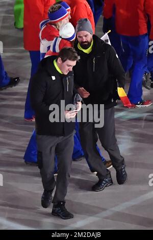 Les athlètes belges photographiés lors de la cérémonie de clôture le dernier jour des XXIII Jeux Olympiques d'hiver, dimanche 25 février 2018, à Pyeongchang, Corée du Sud. Les Jeux Olympiques d'hiver se tiendront du 9 au 25 février dans le comté de Pyeongchang, en Corée du Sud. BELGA PHOTO DIRK WAEM Banque D'Images