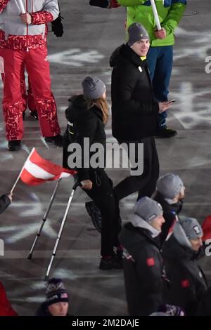 Les athlètes belges photographiés lors de la cérémonie de clôture le dernier jour des XXIII Jeux Olympiques d'hiver, dimanche 25 février 2018, à Pyeongchang, Corée du Sud. Les Jeux Olympiques d'hiver se tiendront du 9 au 25 février dans le comté de Pyeongchang, en Corée du Sud. BELGA PHOTO DIRK WAEM Banque D'Images