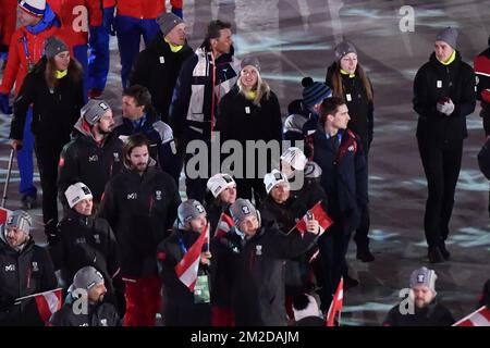 Les athlètes belges photographiés lors de la cérémonie de clôture le dernier jour des XXIII Jeux Olympiques d'hiver, dimanche 25 février 2018, à Pyeongchang, Corée du Sud. Les Jeux Olympiques d'hiver se tiendront du 9 au 25 février dans le comté de Pyeongchang, en Corée du Sud. BELGA PHOTO DIRK WAEM Banque D'Images