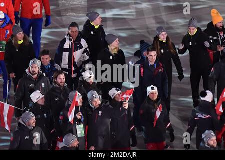 Les athlètes belges photographiés lors de la cérémonie de clôture le dernier jour des XXIII Jeux Olympiques d'hiver, dimanche 25 février 2018, à Pyeongchang, Corée du Sud. Les Jeux Olympiques d'hiver se tiendront du 9 au 25 février dans le comté de Pyeongchang, en Corée du Sud. BELGA PHOTO DIRK WAEM Banque D'Images