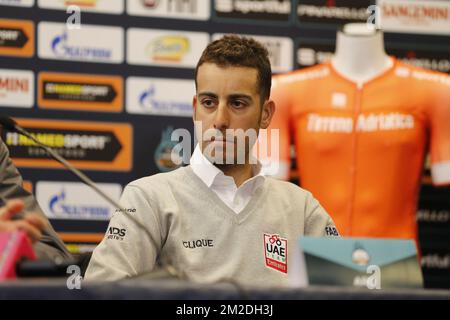 Fabio Aru italien des Émirats Arabes Unis photographié lors d'une conférence de presse en prévision de la course cycliste de Tirreno-Adriatico (7-14 mars) à Lido di Camaiore, Italie, mardi 06 mars 2018. BELGA PHOTO YUZURU SUNADA Banque D'Images