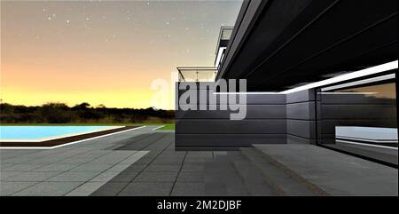 Entrée dans un hôtel de campagne d'élite la nuit. Marches de béton de porche. Portes en verre réfléchissant. Éclairage de la façade et de la piscine. 3d rendu. Banque D'Images