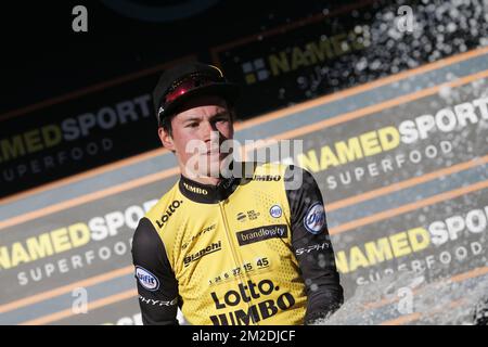 Slovène Primoz Rogall de l'équipe LottoNL-Jumbo fête sur le podium après avoir remporté la troisième étape de l'édition 53rd de la course cycliste de Tirreno-Adriatico, 239km de Follonica à Trevi, vendredi 09 mars 2018, Italie. BELGA PHOTO YUZURU SUNADA Banque D'Images