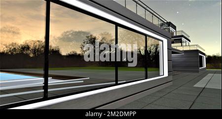 A side view of the night facade of a low-rise country house with several comfortable apartments. LED illumination of huge panoramic windows. 3d render Stock Photo