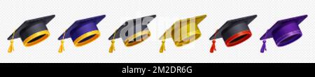 Jeu de capuchons de graduation de différentes couleurs png sur fond transparent. Illustration vectorielle des chapeaux de pampilles universitaires pour les étudiants diplômés de col Illustration de Vecteur