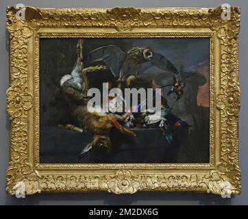 Encore la vie avec une hibou et un Trophée de chasse, 17th Century huile sur toile peinture par le peintre flamand Pieter Boel / Peeter Boel de l'école d'Anvers | nature morte au hibou du peintre flamand Pieter Boel / Pierre Bol 18/03/2018 Banque D'Images