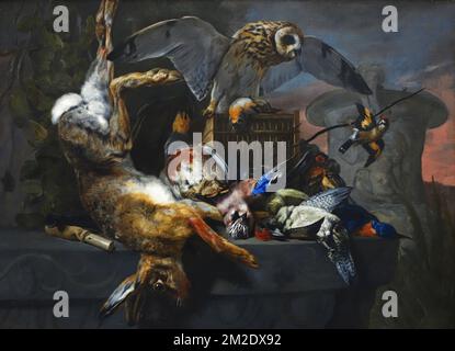 Encore la vie avec une hibou et un Trophée de chasse, 17th Century huile sur toile peinture par le peintre flamand Pieter Boel / Peeter Boel de l'école d'Anvers | nature morte au hibou du peintre flamand Pieter Boel / Pierre Bol 18/03/2018 Banque D'Images