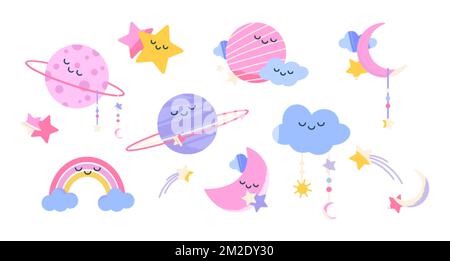 Chambre de bébé, décoration de pépinière avec de mignons lune, arc-en-ciel, nuages, planètes et étoiles. Clipart pastel de style boho pour chambre d'enfant avec lune et étoiles chara Illustration de Vecteur