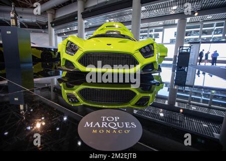 Des supervoitures du monde entier ont été exposées au Grimaldi Forum à l'occasion du Top marques, ce week-end à Monaco. | des supercars venant des quatre pièces du monde exposés au Grimaldi Forum à l'occasion du salon Top marques, ce week end à Monaco. 20/04/2018 Banque D'Images