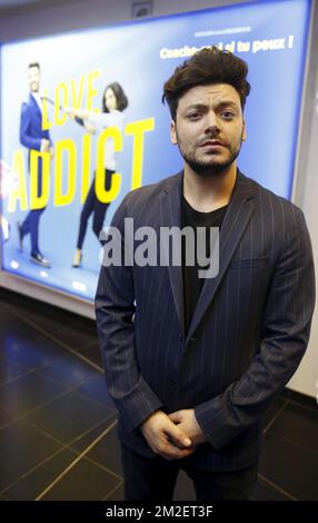 L'acteur français keV Adams pose pour le photographe à l'avant-première du film Love Addict avec l'acteur français keV Adams, au cinéma de Bruxelles UGC de Brouckere, samedi 28 avril 2018. BELGA PHOTO NICOLAS MATERLINCK Banque D'Images