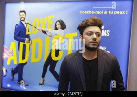 L'acteur français keV Adams pose pour le photographe à l'avant-première du film Love Addict avec l'acteur français keV Adams, au cinéma de Bruxelles UGC de Brouckere, samedi 28 avril 2018. BELGA PHOTO NICOLAS MATERLINCK Banque D'Images