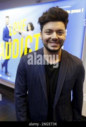 L'acteur français keV Adams pose pour le photographe à l'avant-première du film Love Addict avec l'acteur français keV Adams, au cinéma de Bruxelles UGC de Brouckere, samedi 28 avril 2018. BELGA PHOTO NICOLAS MATERLINCK Banque D'Images